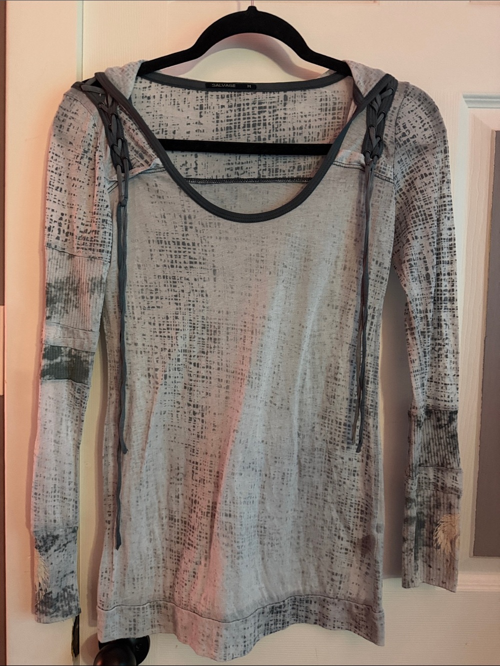 SALVAGE Distressed Gray Long-Sleeve Hooded Top with Braided Detail On Shoulders